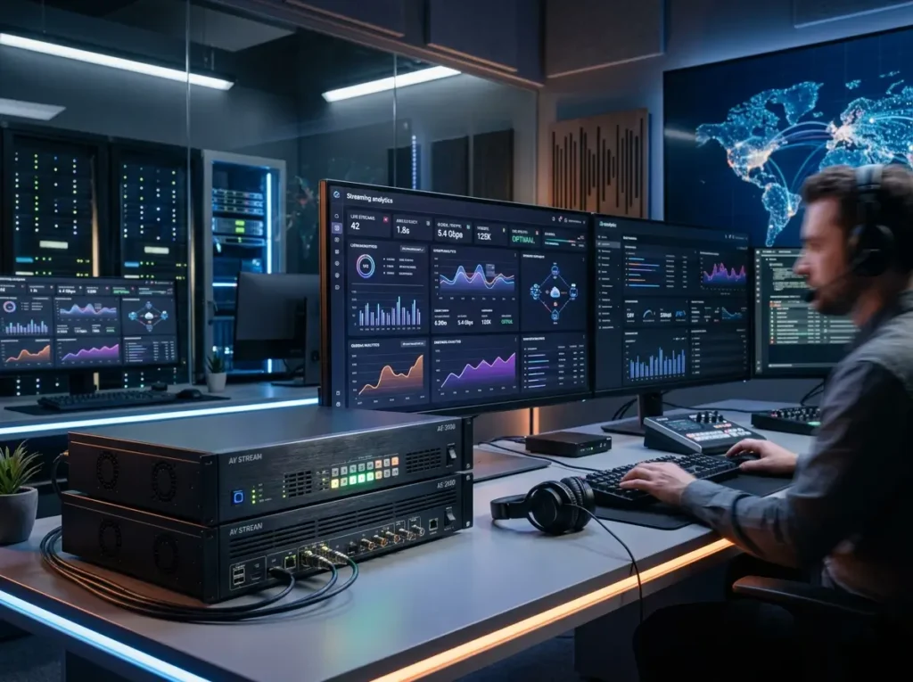 Modern IPTV Encoders themed broadcasting station with abstract media processing graphics and futuristic technology visuals.