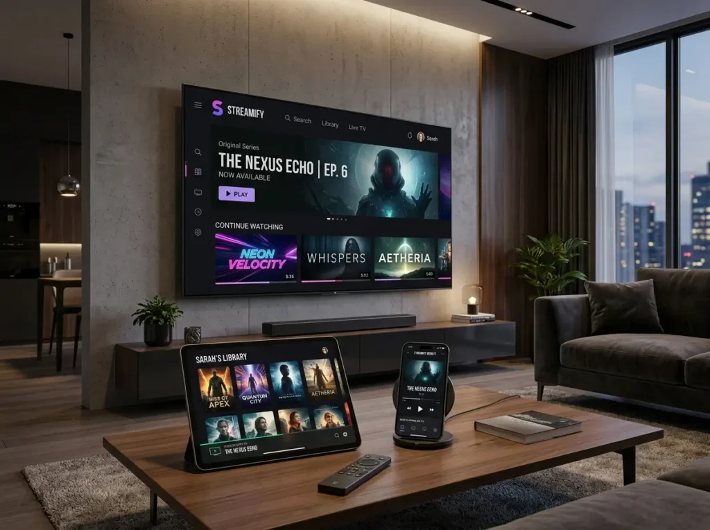 Futuristic media application interface inspired by IPTV Smarters Pro with abstract content panels and digital connectivity visuals.
