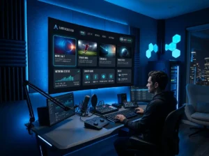 Premium smart TV environment featuring a generic IPTV Smarters Pro inspired media dashboard and wireless streaming technology.