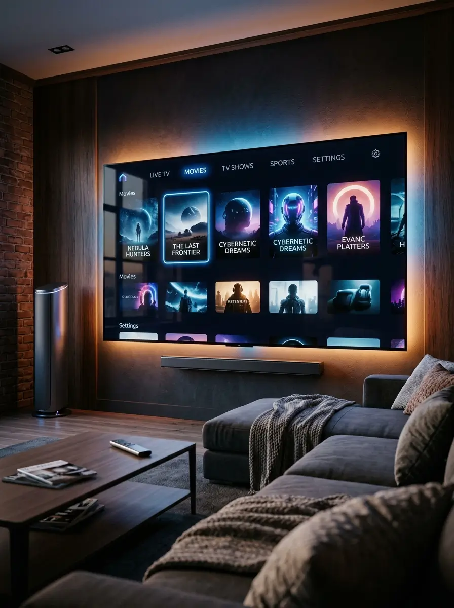 Smart television with a futuristic generic interface representing Best IPTV streaming technology.