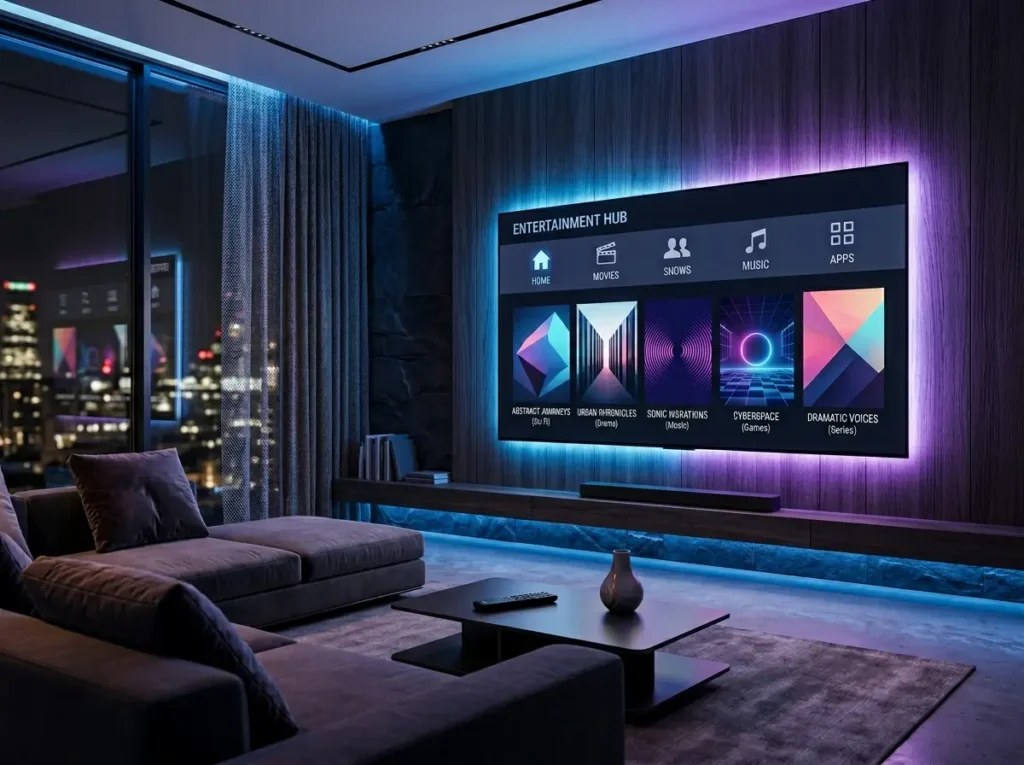 Elegant living room featuring a smart TV displaying a clean Best IPTV 2026 inspired streaming interface.