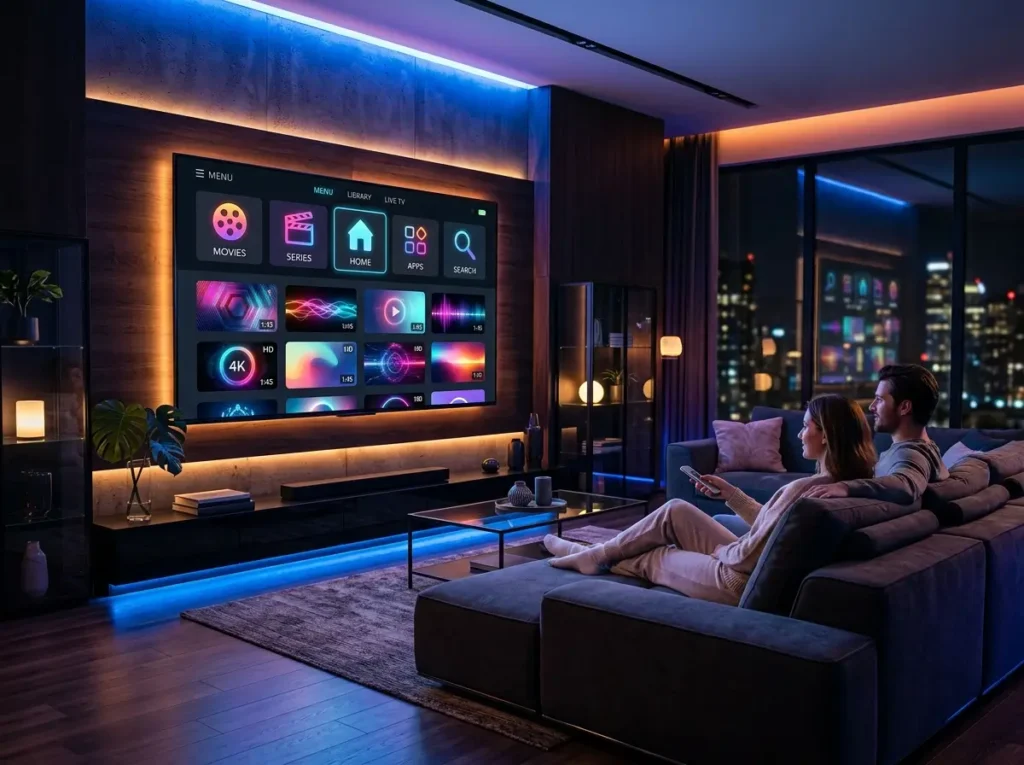 Elegant living room featuring a smart TV with a clean IPTV Providers inspired streaming dashboard.