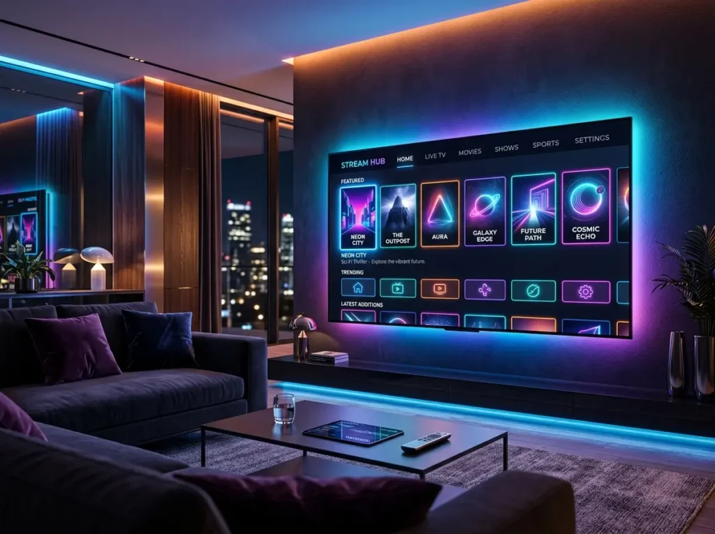Elegant living room featuring a smart TV displaying a clean IPTV Service inspired streaming interface.