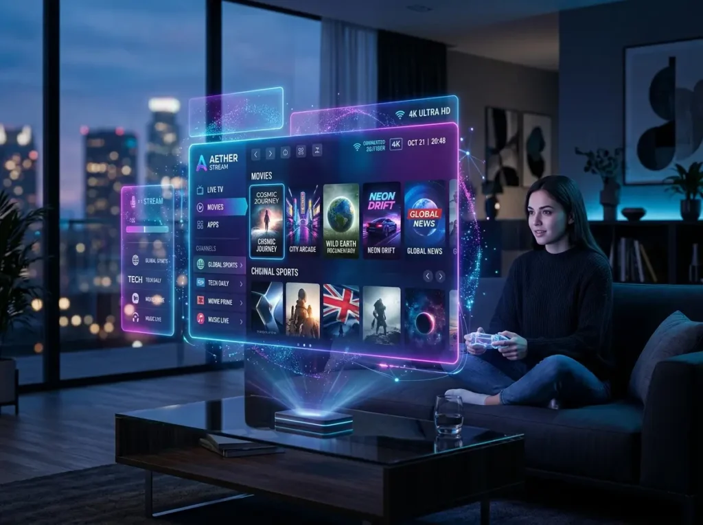 Modern IPTV Service themed streaming environment with abstract media panels and wireless connectivity graphics.