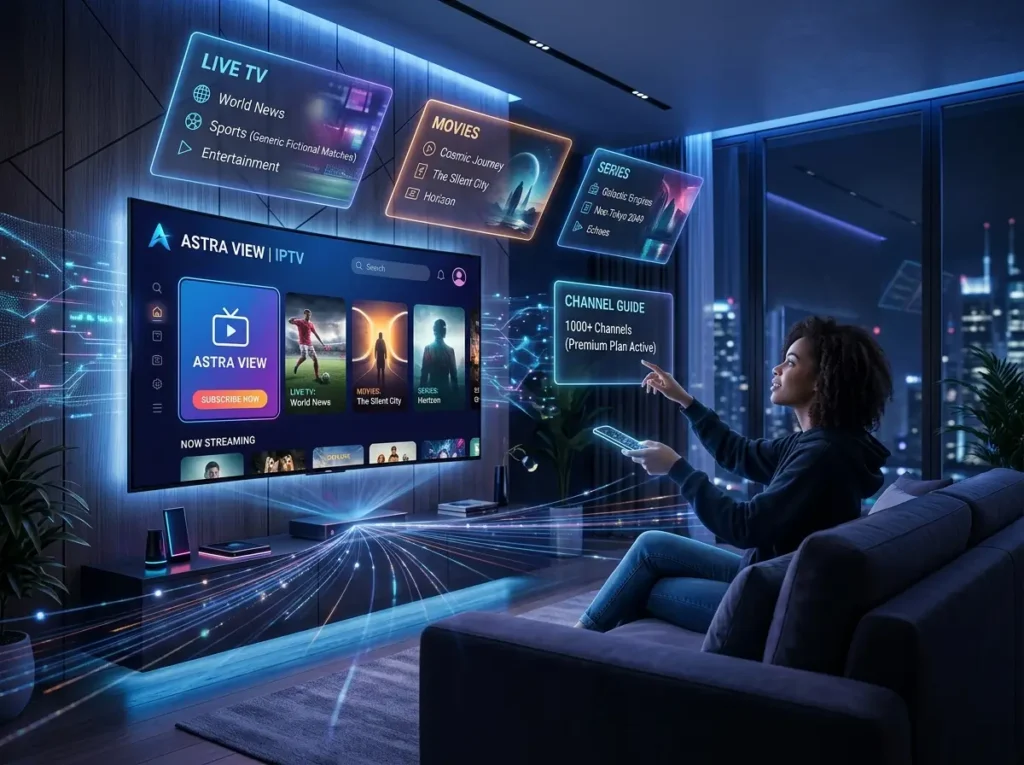 Modern IPTV Subscription themed streaming environment with abstract media panels and wireless connectivity graphics.