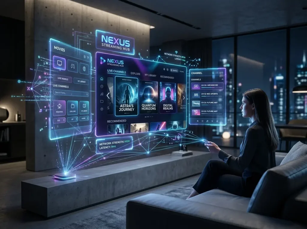 Futuristic Best IPTV 2026 themed streaming environment with abstract media panels and wireless connectivity graphics.