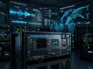 IPTV Encoders inspired digital broadcasting setup with modern server equipment and generic streaming interface visuals.