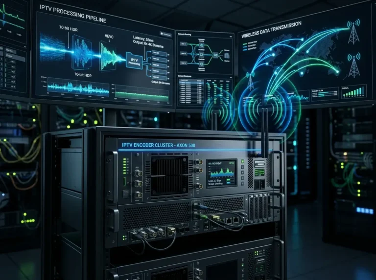 IPTV Encoders inspired digital broadcasting setup with modern server equipment and generic streaming interface visuals.