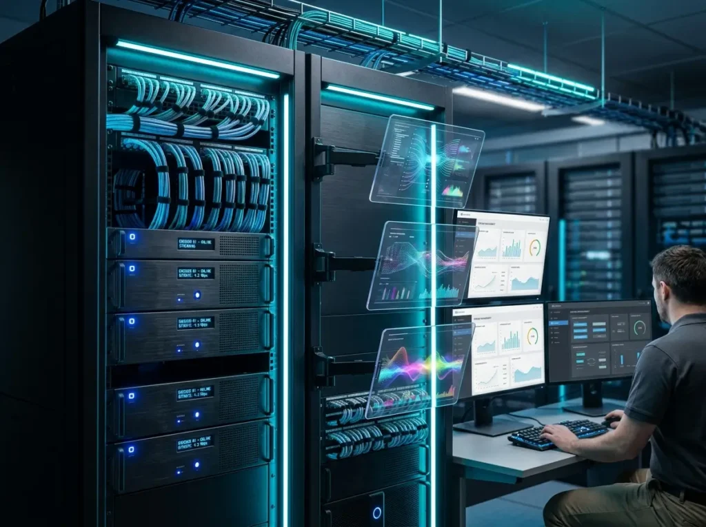 Futuristic IPTV Encoders inspired control room with generic broadcasting dashboards and wireless network visuals.