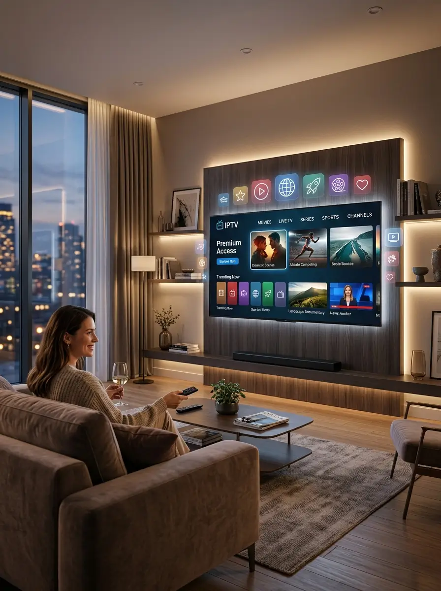 High-tech entertainment environment featuring a Best IPTV inspired streaming dashboard.