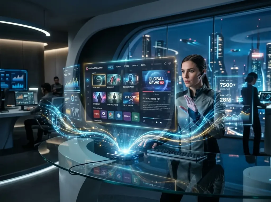 Luxury smart television setup inspired by Top Rated IPTV services with abstract entertainment icons.