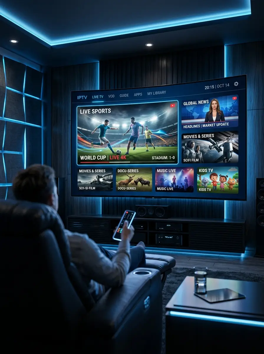 Best IPTV inspired entertainment room with neon lighting and abstract streaming visuals.