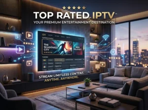 Top Rated IPTV inspired futuristic home theater with abstract streaming visuals and modern smart technology.