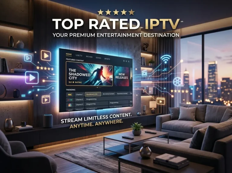 Top Rated IPTV inspired futuristic home theater with abstract streaming visuals and modern smart technology.