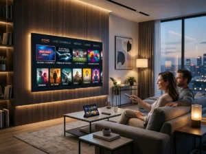 IPTV Service inspired smart television setup with generic streaming categories and modern digital entertainment visuals.
