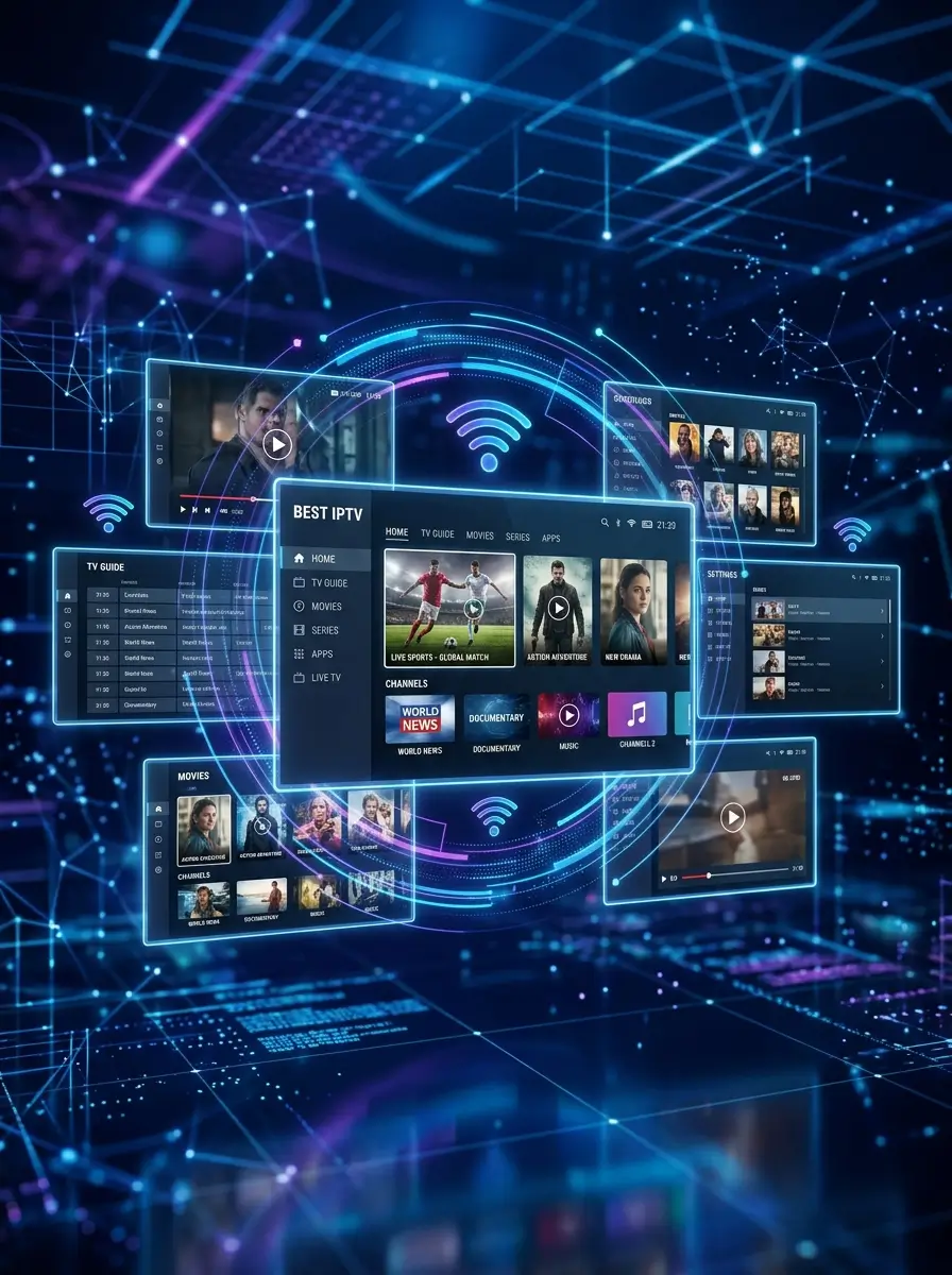 Elegant home theater setup inspired by Best IPTV streaming services with abstract digital visuals.