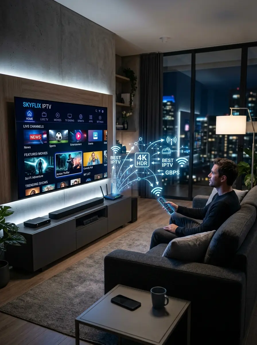 Futuristic smart home entertainment room inspired by Best IPTV streaming technology.