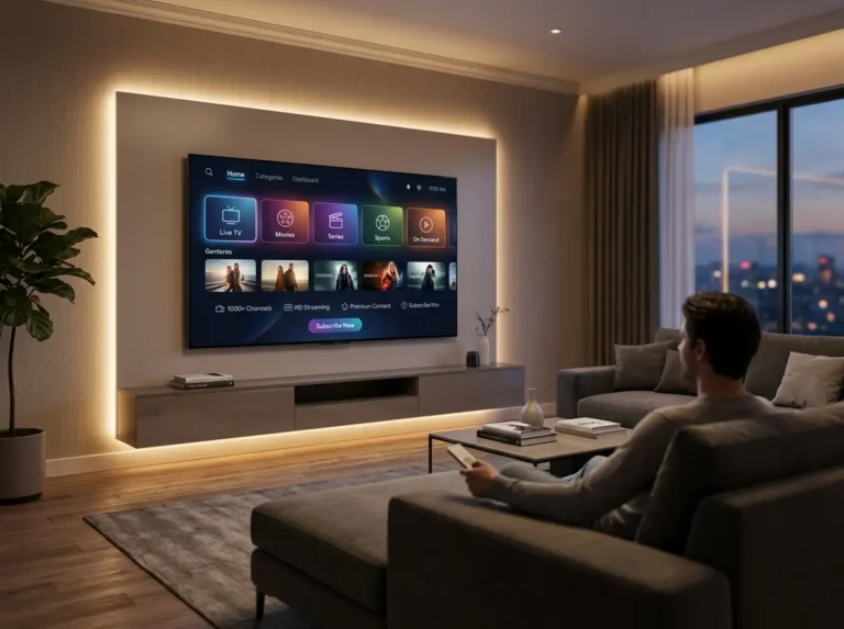IPTV Subscription inspired smart television setup with generic streaming categories and futuristic digital entertainment visuals.
