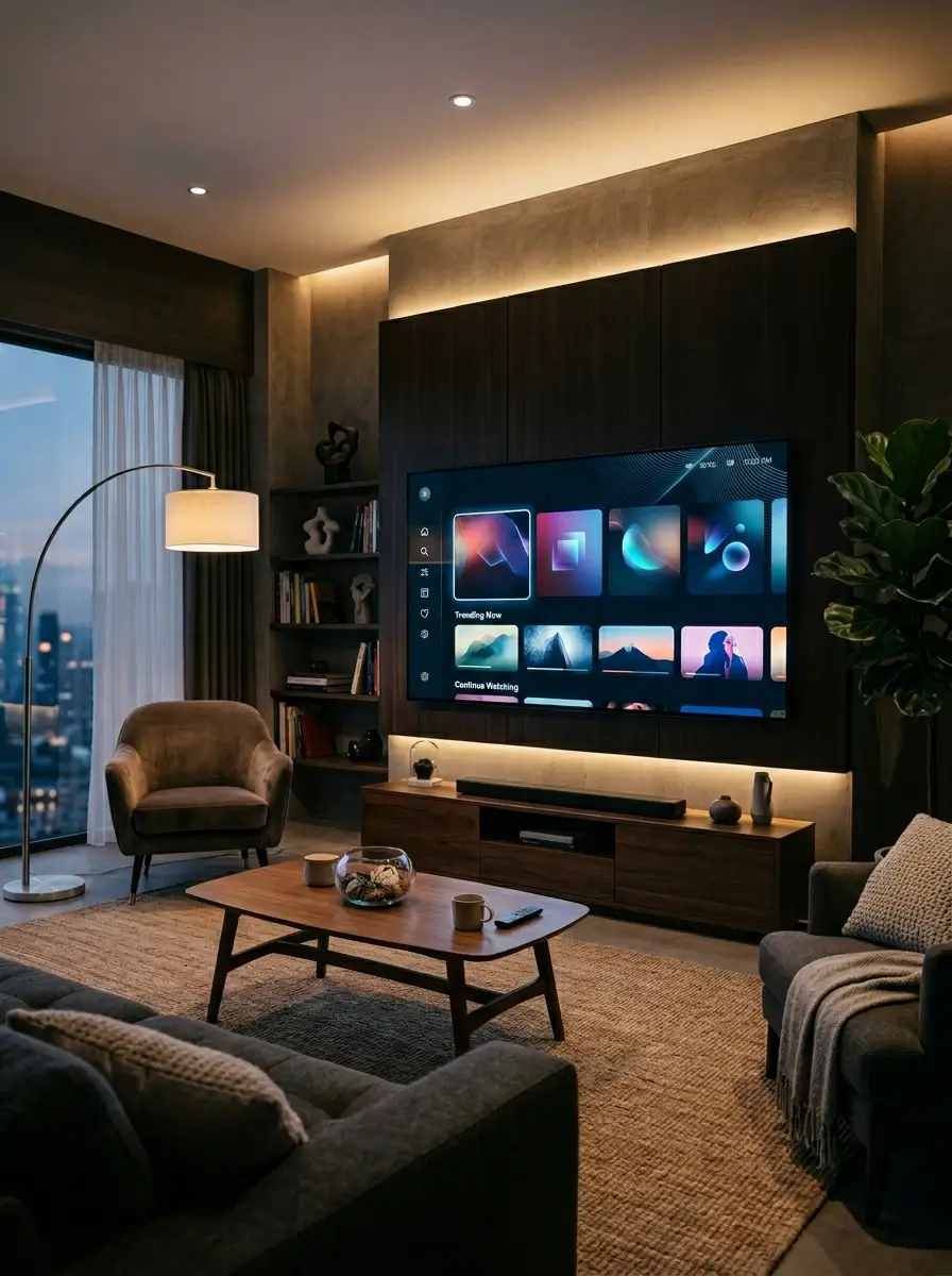 Abstract Best IPTV streaming dashboard with futuristic media icons and digital connectivity graphics.