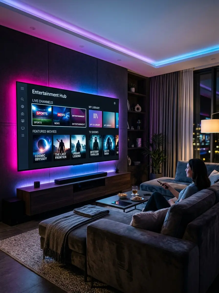 Luxury entertainment setup featuring a sleek television with Best IPTV inspired visuals.