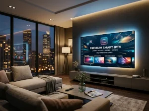 Smart IPTV inspired smart television interface with generic streaming categories and modern digital entertainment visuals.
