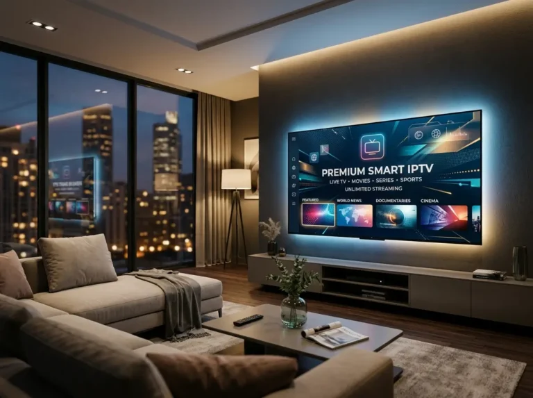 Smart IPTV inspired smart television interface with generic streaming categories and modern digital entertainment visuals.