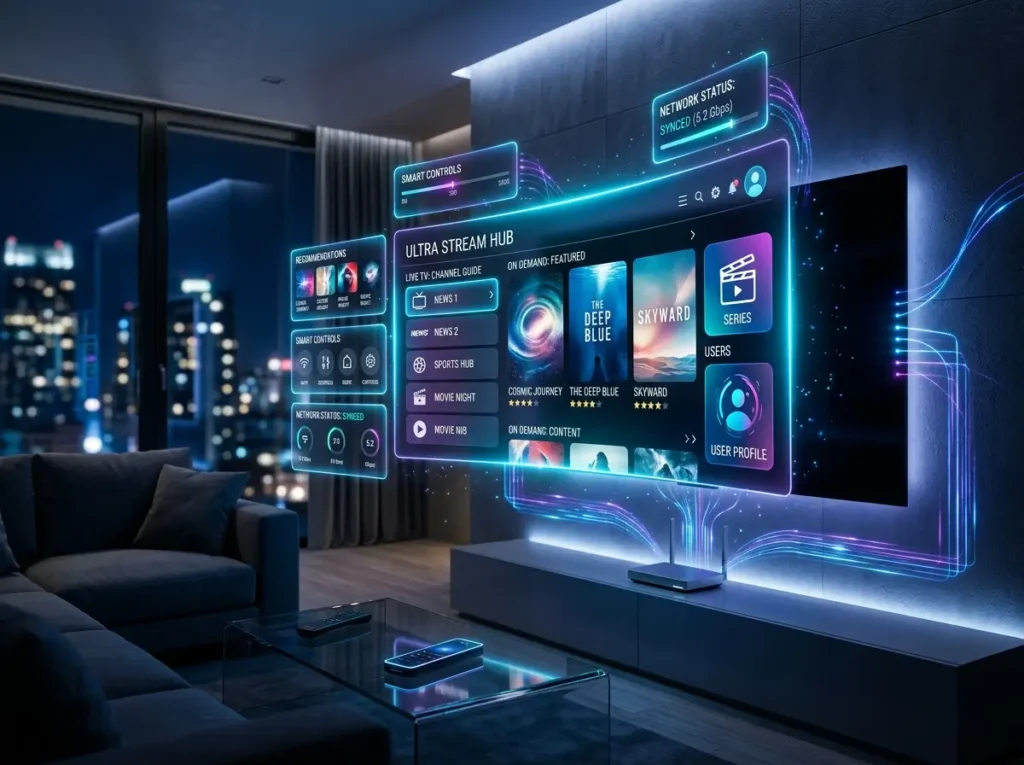 Elegant living room featuring a smart TV displaying a clean Smart IPTV inspired streaming dashboard.