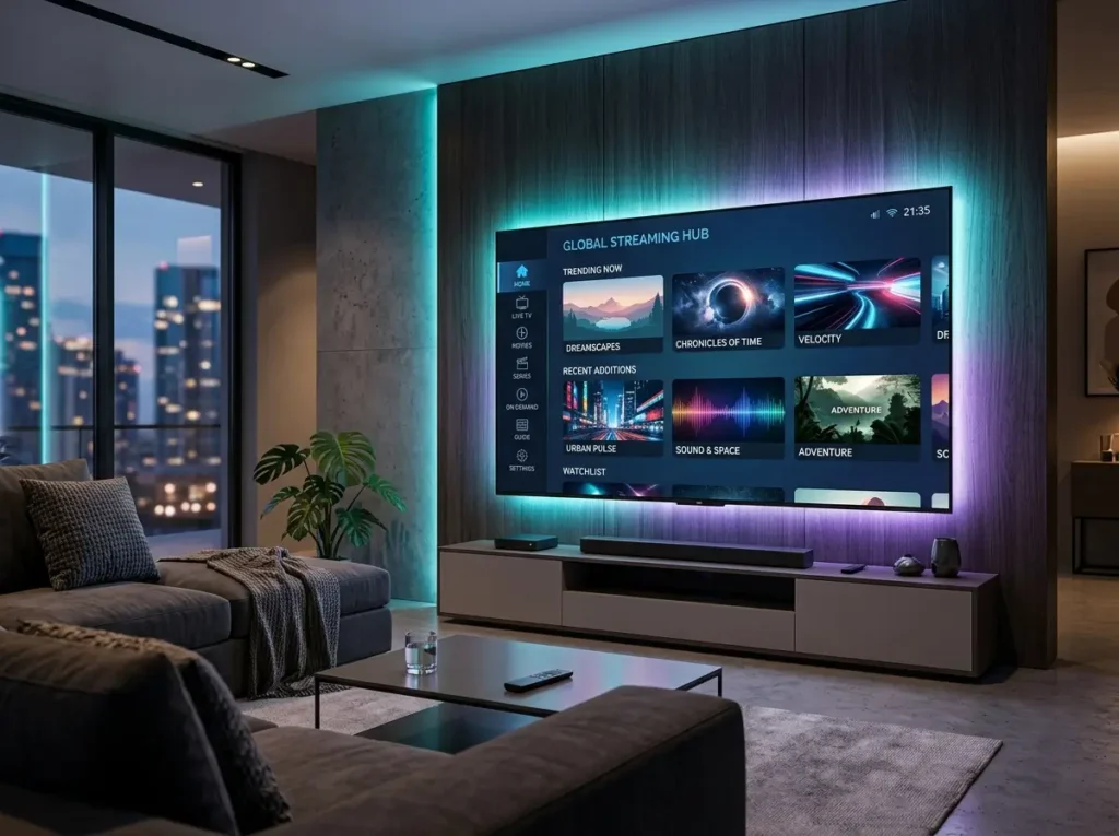 Elegant living room featuring a smart TV displaying a clean IPTV Subscription inspired streaming dashboard.
