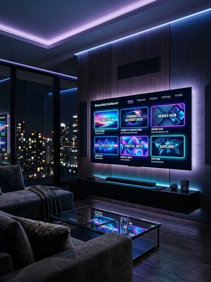Stylish smart television setup with abstract streaming visuals inspired by Best IPTV platforms.
