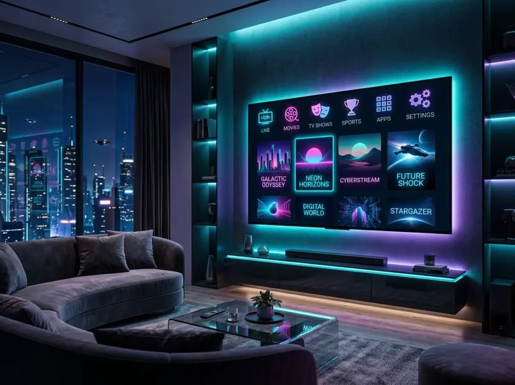 Modern Smart IPTV themed streaming environment with abstract media panels and wireless connectivity graphics.