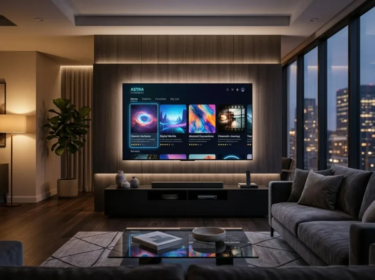 Best IPTV 2026 inspired smart television setup with a futuristic generic streaming dashboard and abstract entertainment visuals.