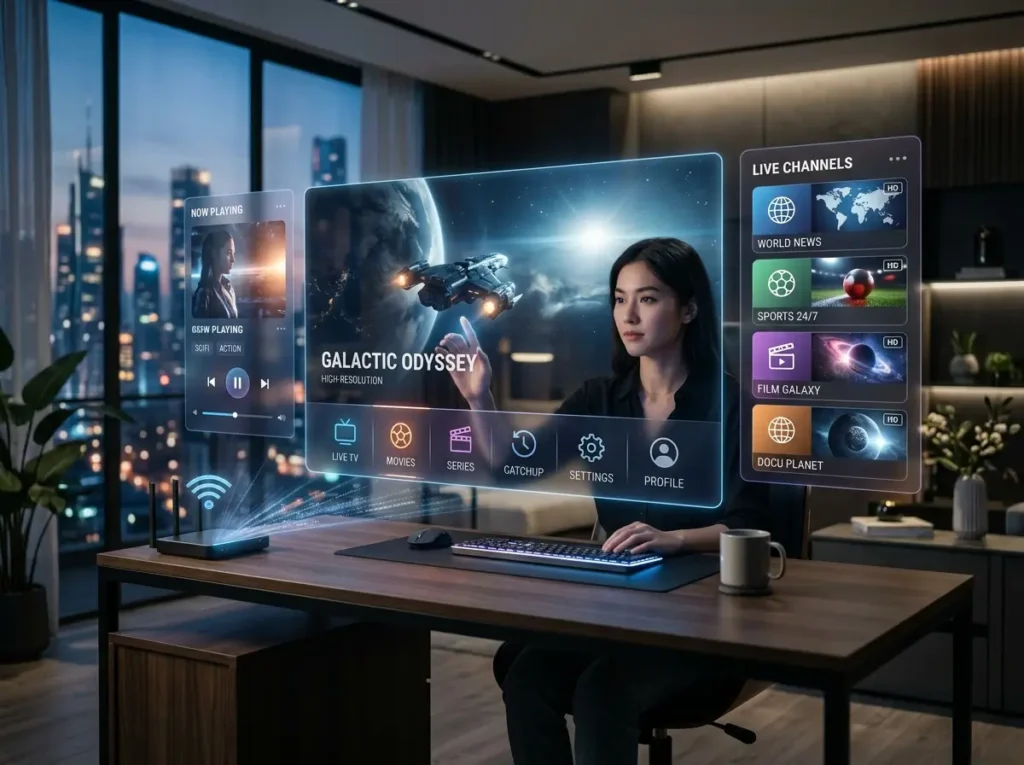 Modern streaming control center inspired by IPTV Smarters Pro with a generic entertainment dashboard and smart device connectivity.