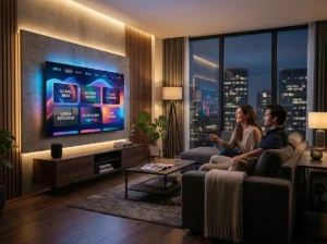 IPTV Providers inspired smart television interface with generic streaming categories and modern digital entertainment visuals.