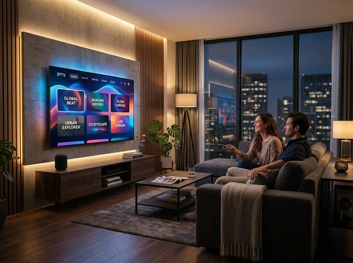 IPTV Providers inspired smart television interface with generic streaming categories and modern digital entertainment visuals.